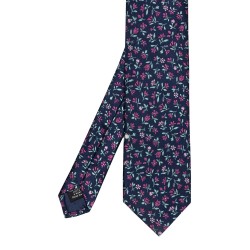 cravate en soie bleu marine à motifs fleuris rose vert et rose pale
