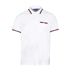 polo blanc avec liseré marine et rouge au niveau du col