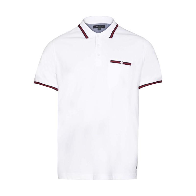 polo blanc avec liseré marine et rouge au niveau du col