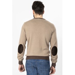 pull coton et laine marron foncé et beige avec coudières marron