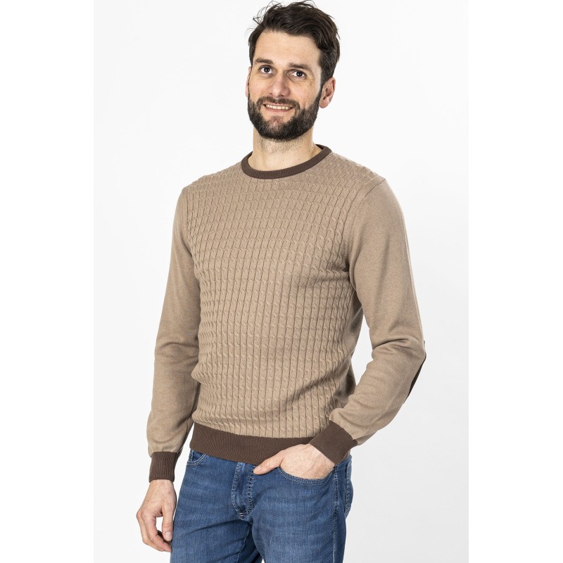 pull torsadé coton et laine marron beige