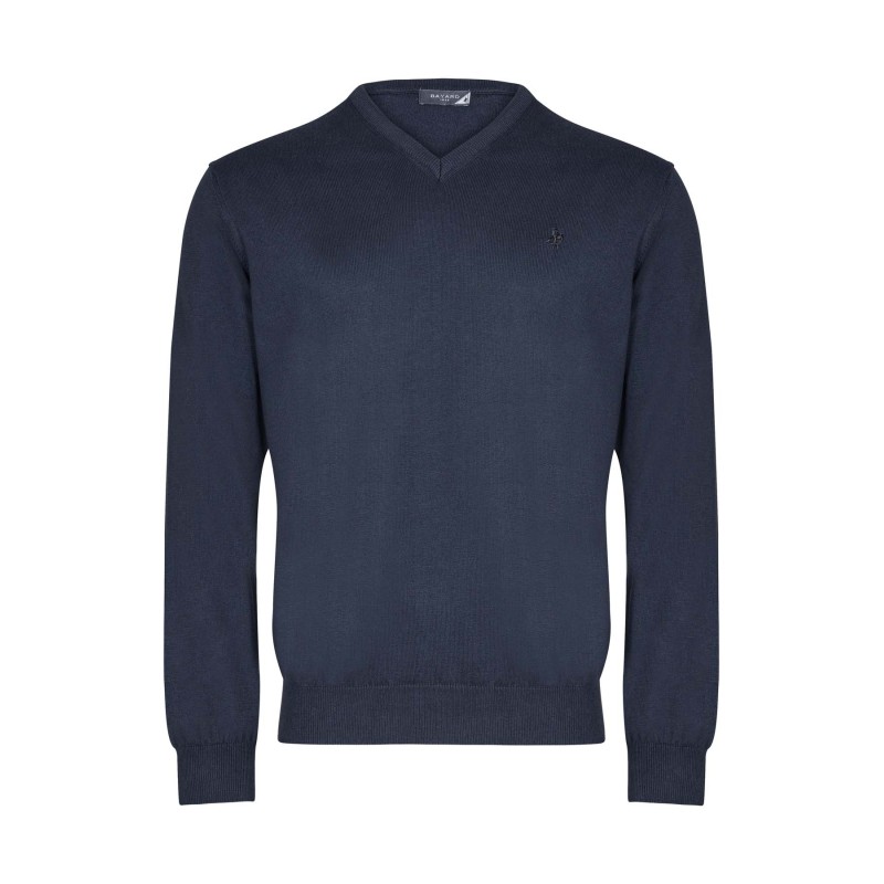 pull col en V bleu marine en coton Bayard