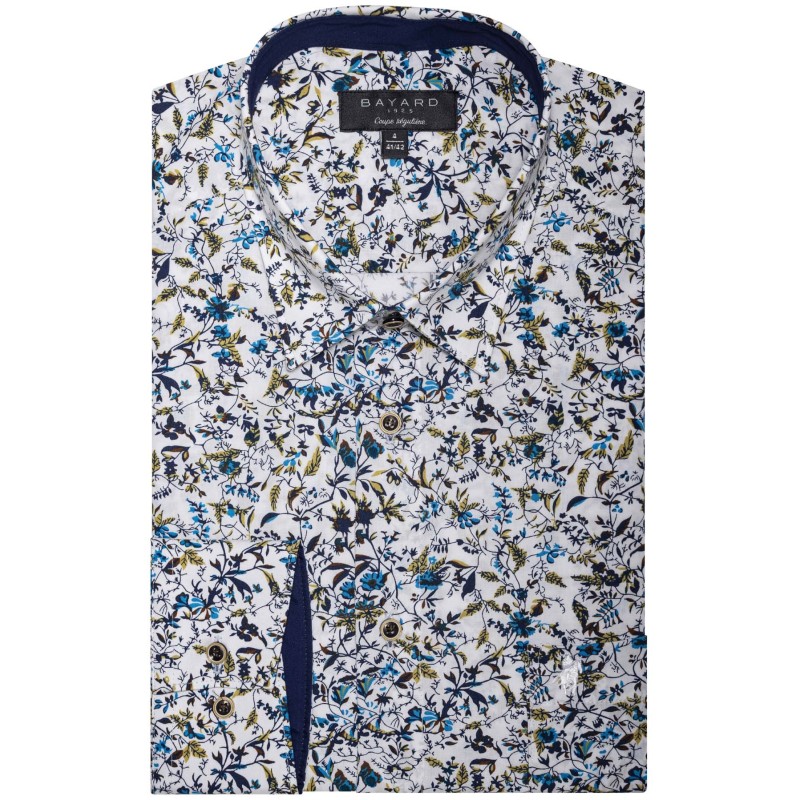 chemise manches lognues à motifs fleurs bleus et jaune