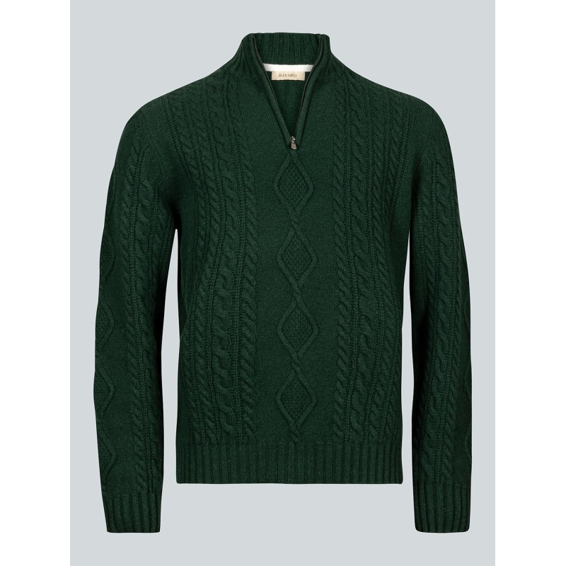 Pull col zippé vert en maille irlandaise