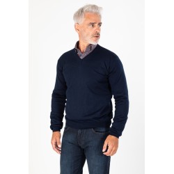 Pull col V bleu marine en laine merinos