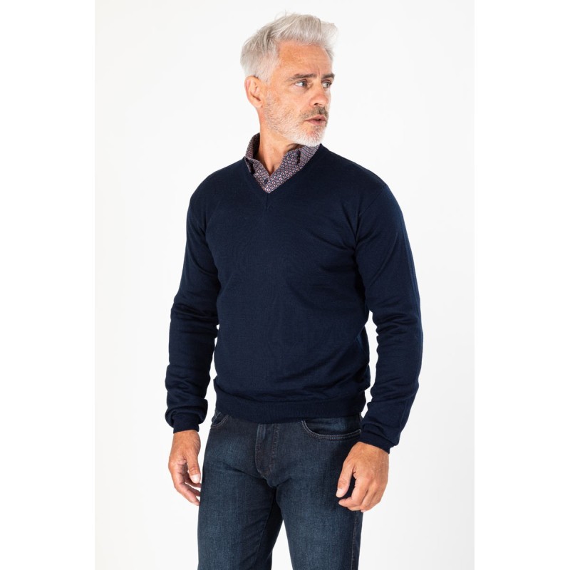 Pull de qualité en laine de Mérinos pour Homme col V Noir