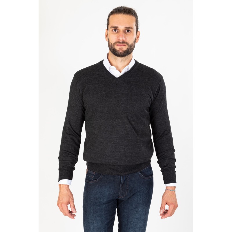 Pull col V anthracite en laine merinos