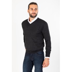 Pull col V anthracite en laine merinos