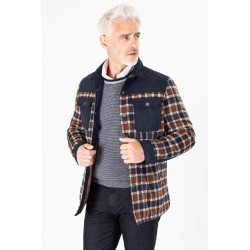 Surveste bi-matière à carreaux marine et marron forme chemise