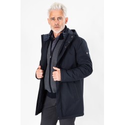 Parka marine à capuche avec poches latérales et poche poitrine zippée