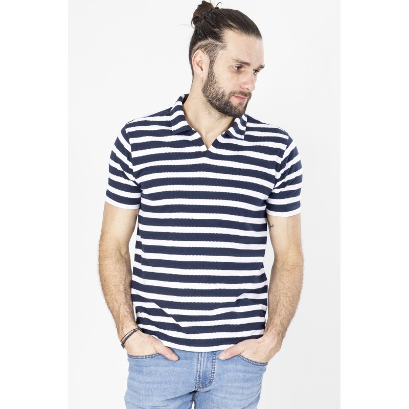 polo manches courtes a rayures bleu marine et blanc