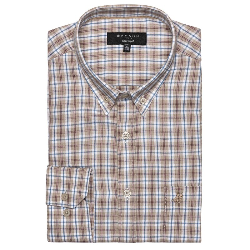 chemise manches longues en coton à carreaux beige et bleu ciel