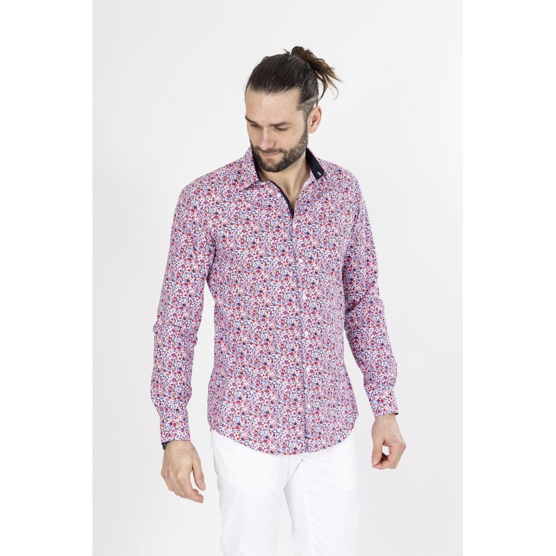chemise coupe ajustée fleurie marine et rouge