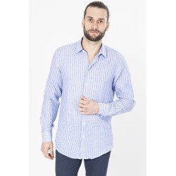 chemise lin bleu ciel à rayures beige