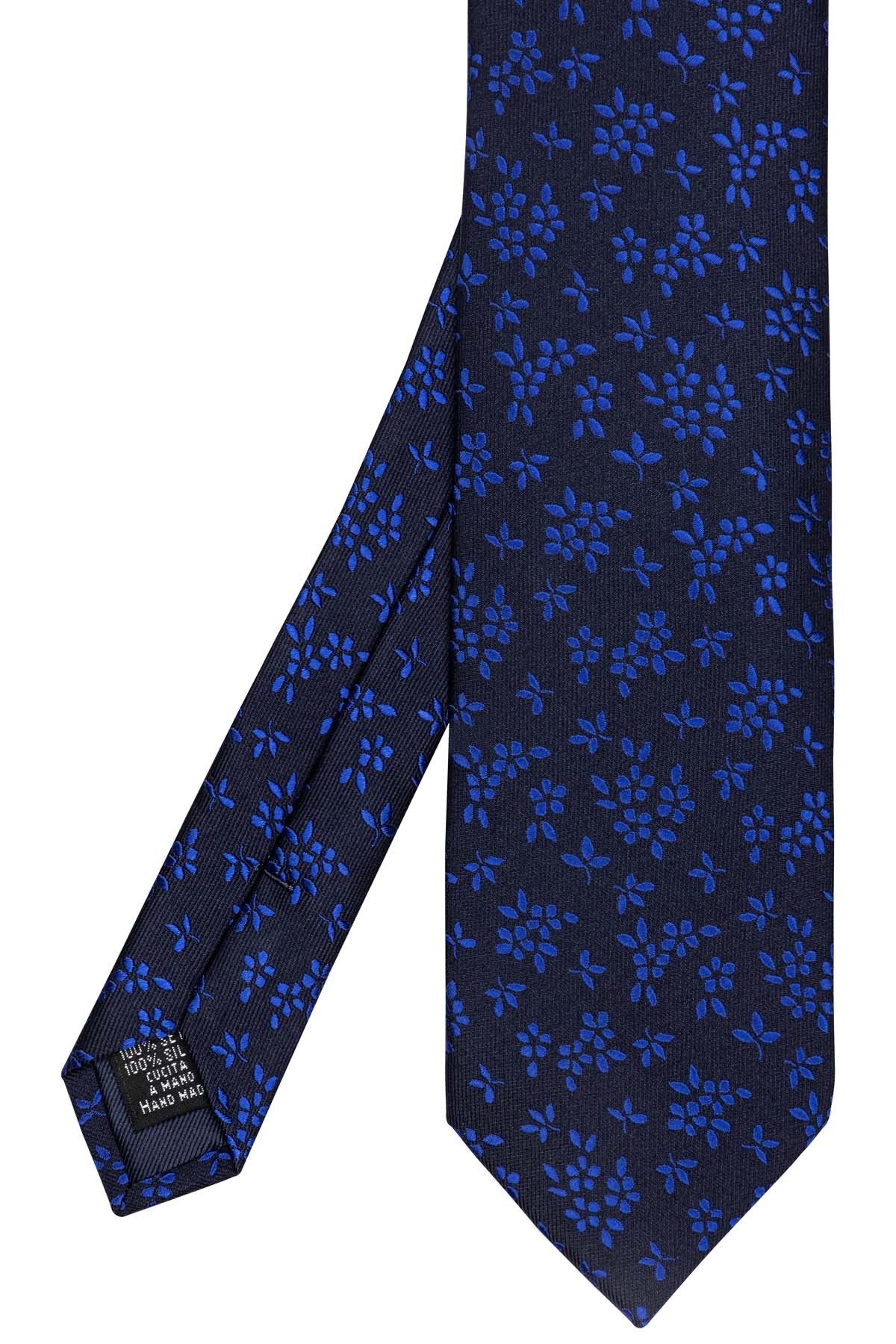 cravate en soie bleu marine avec fleurs bleues