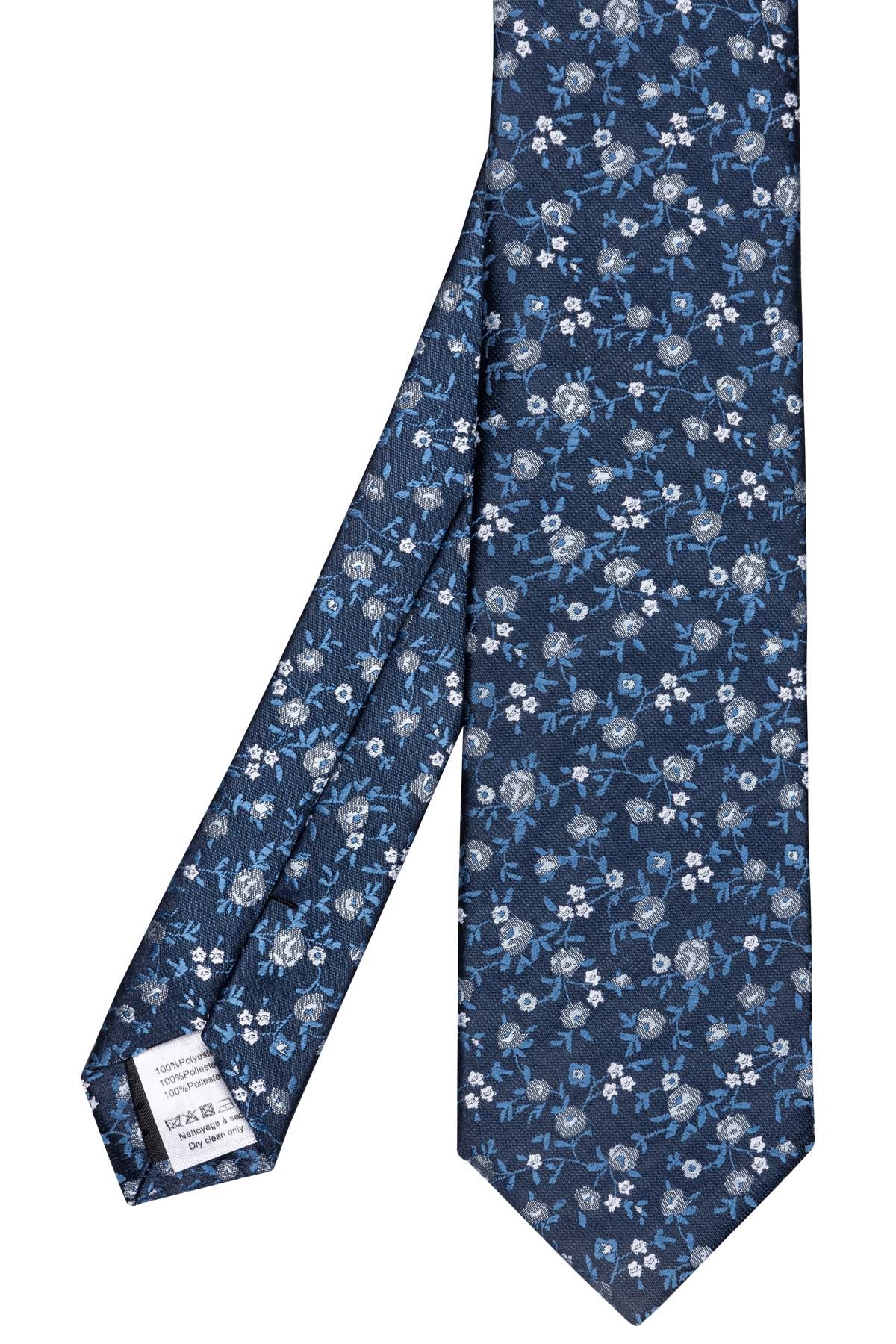 cravate marine motifs fleuris bleu ciel gris et blanc