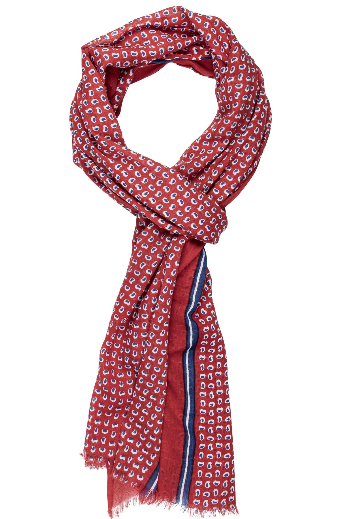 écharpe en coton rouge et petits motifs bleu marine