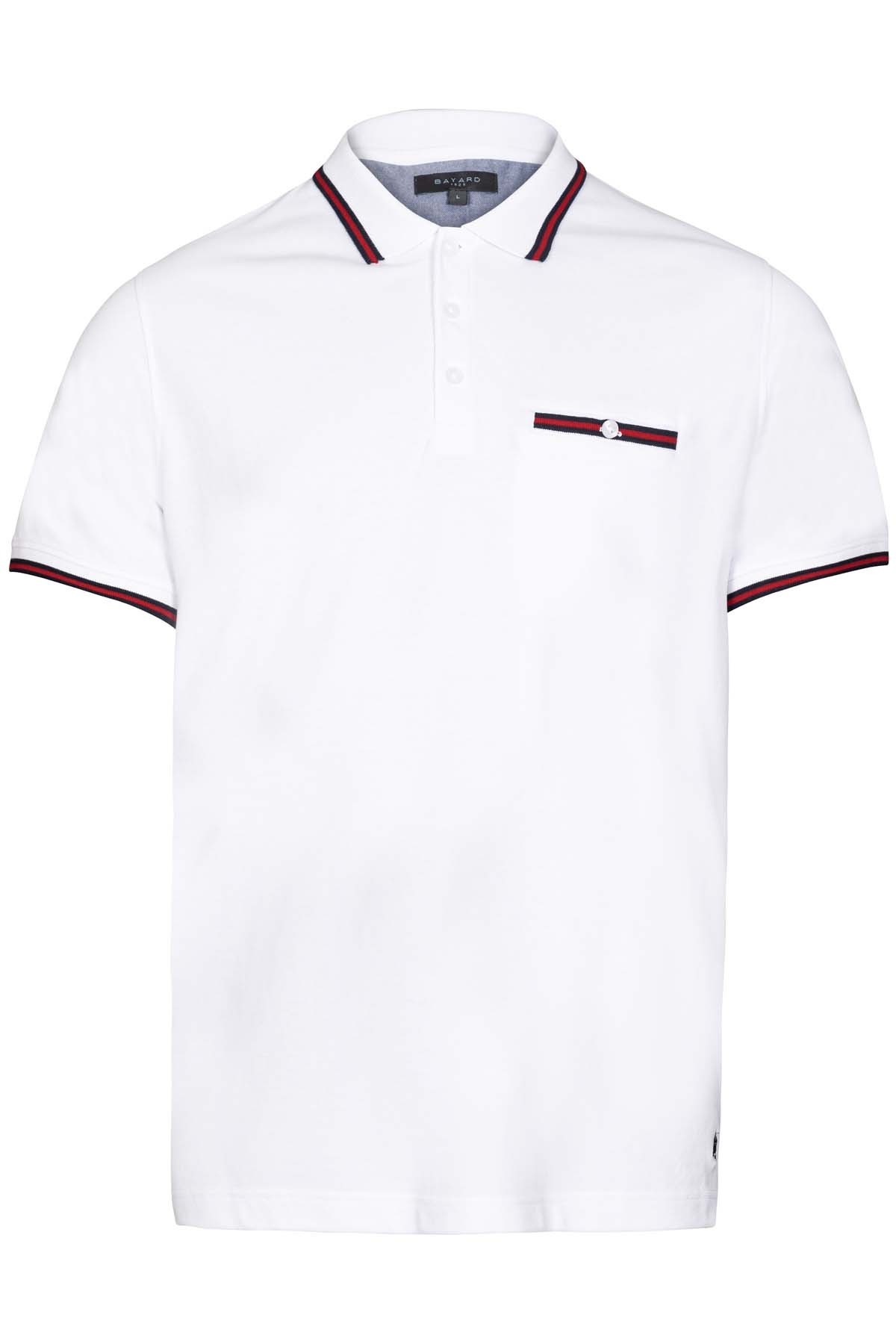 polo blanc avec liseré marine et rouge au niveau du col