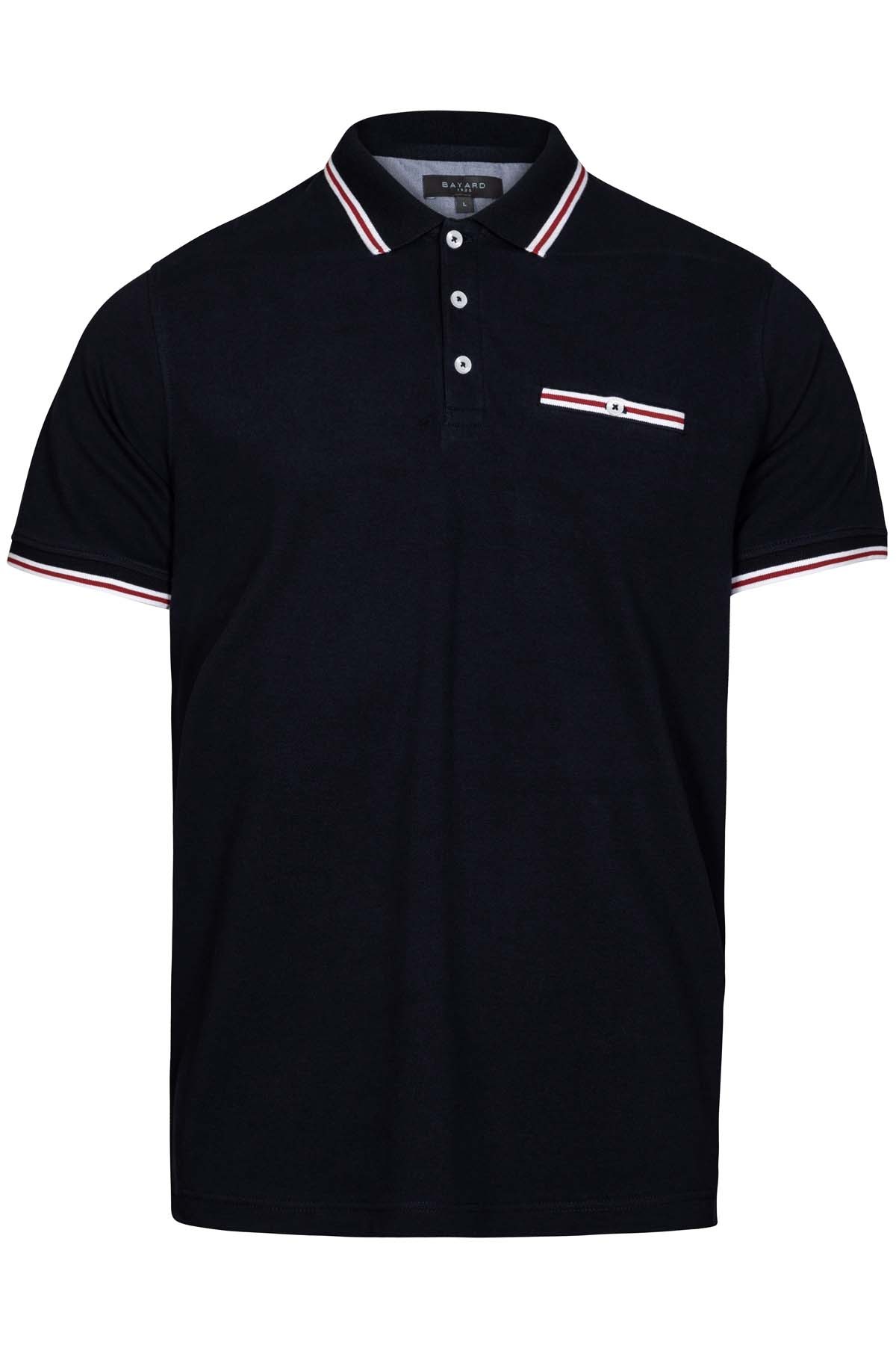 polo bleu marine avec liseré rouge et blanc en coton