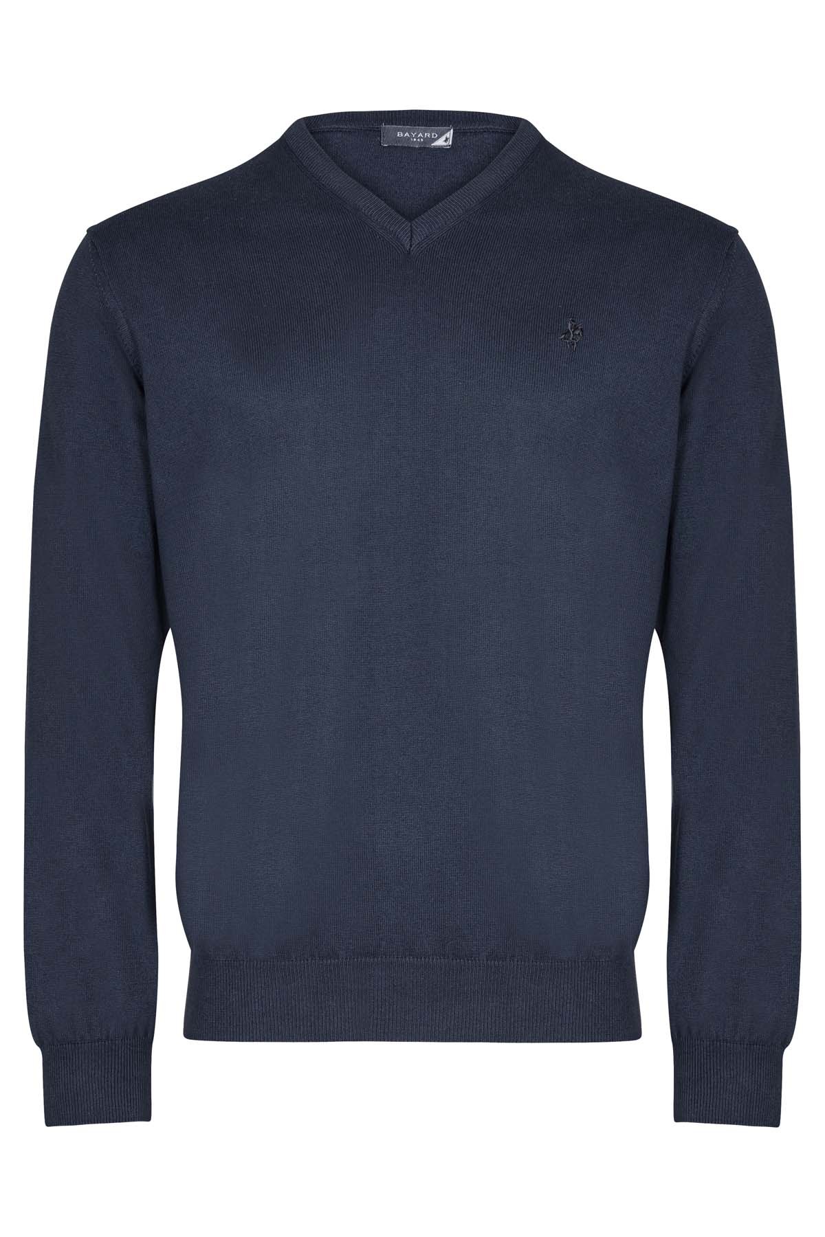 pull col en V bleu marine en coton Bayard