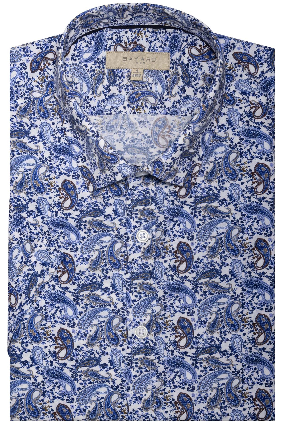 chemise manches courtes blanche imprimé cachemire bleu