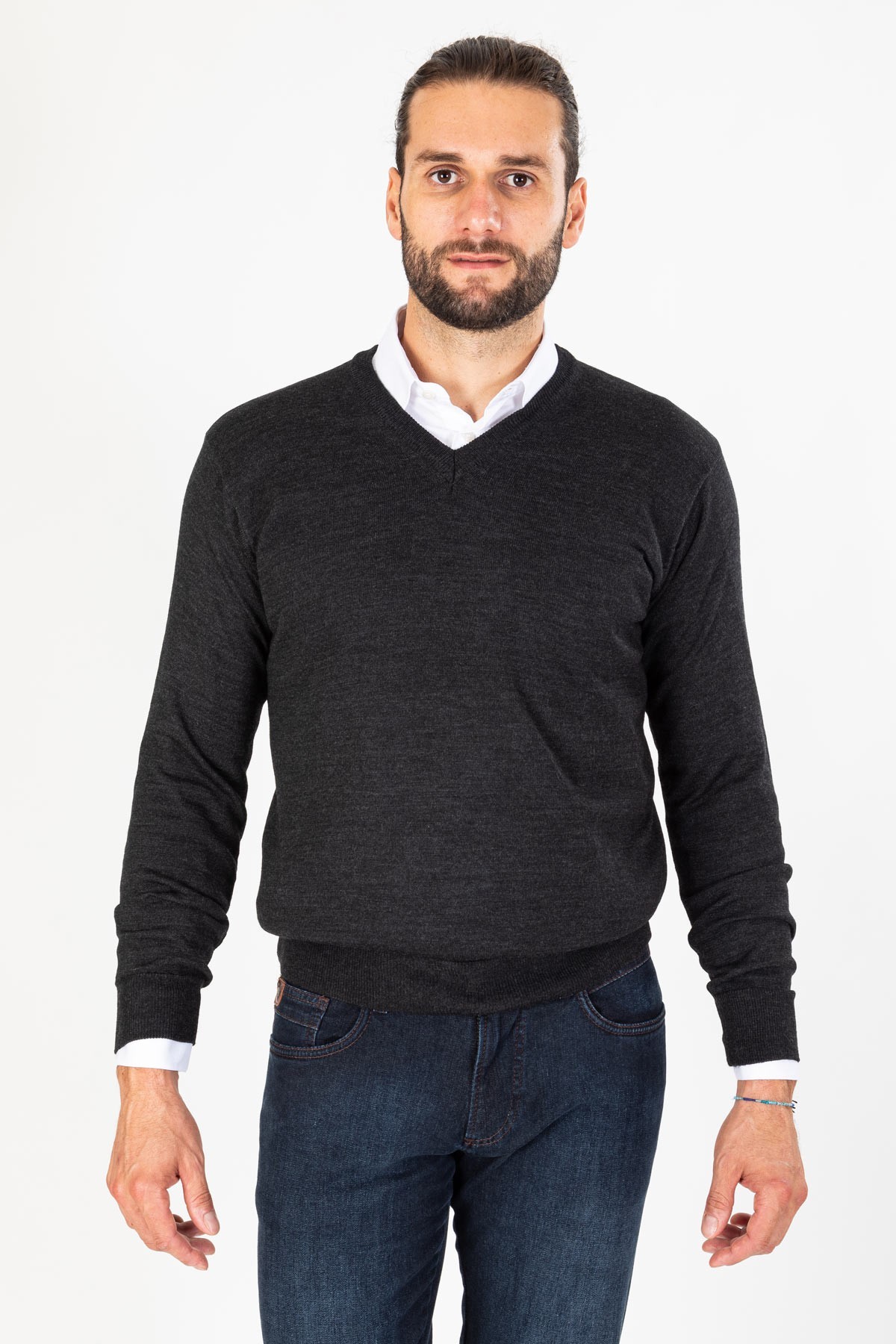 Pull col V anthracite en laine merinos