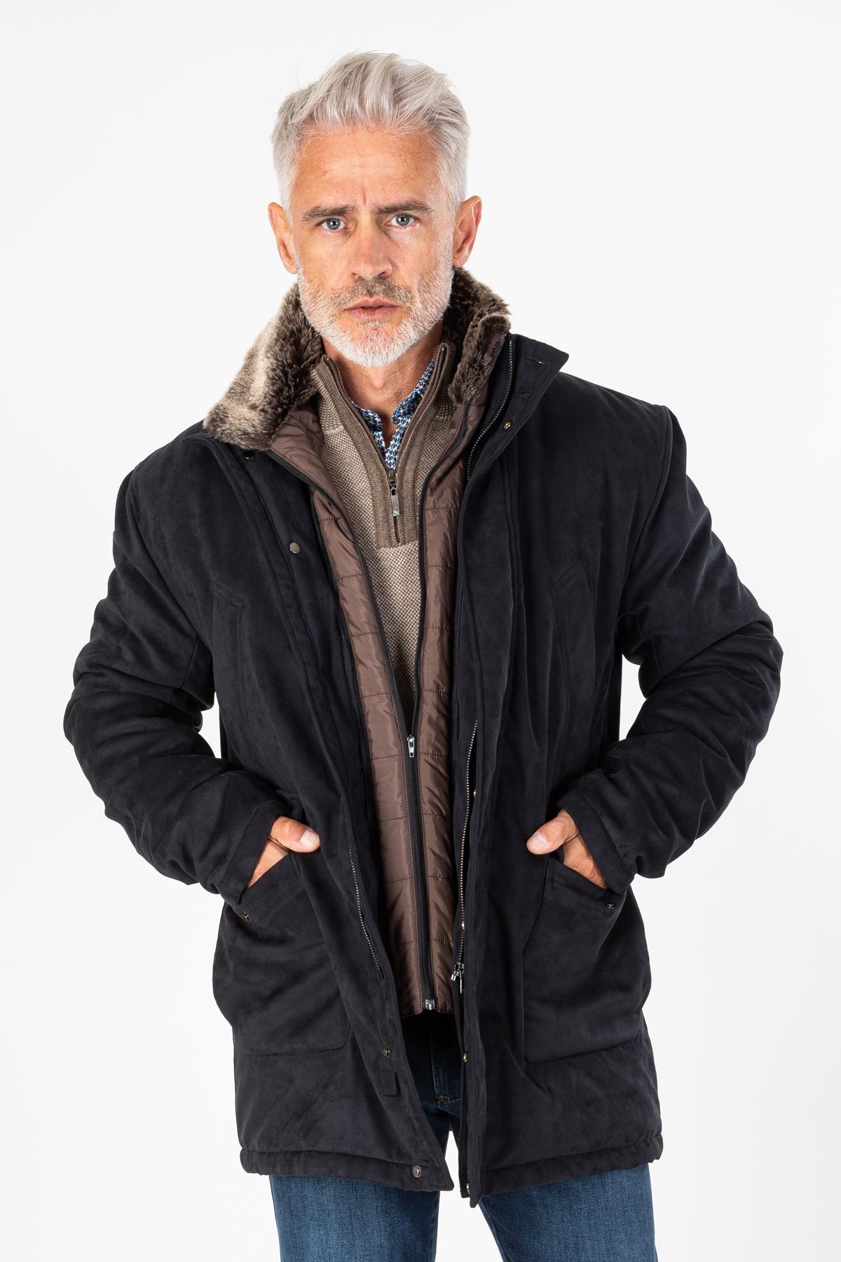 Parka marine avec col fourrure amovible