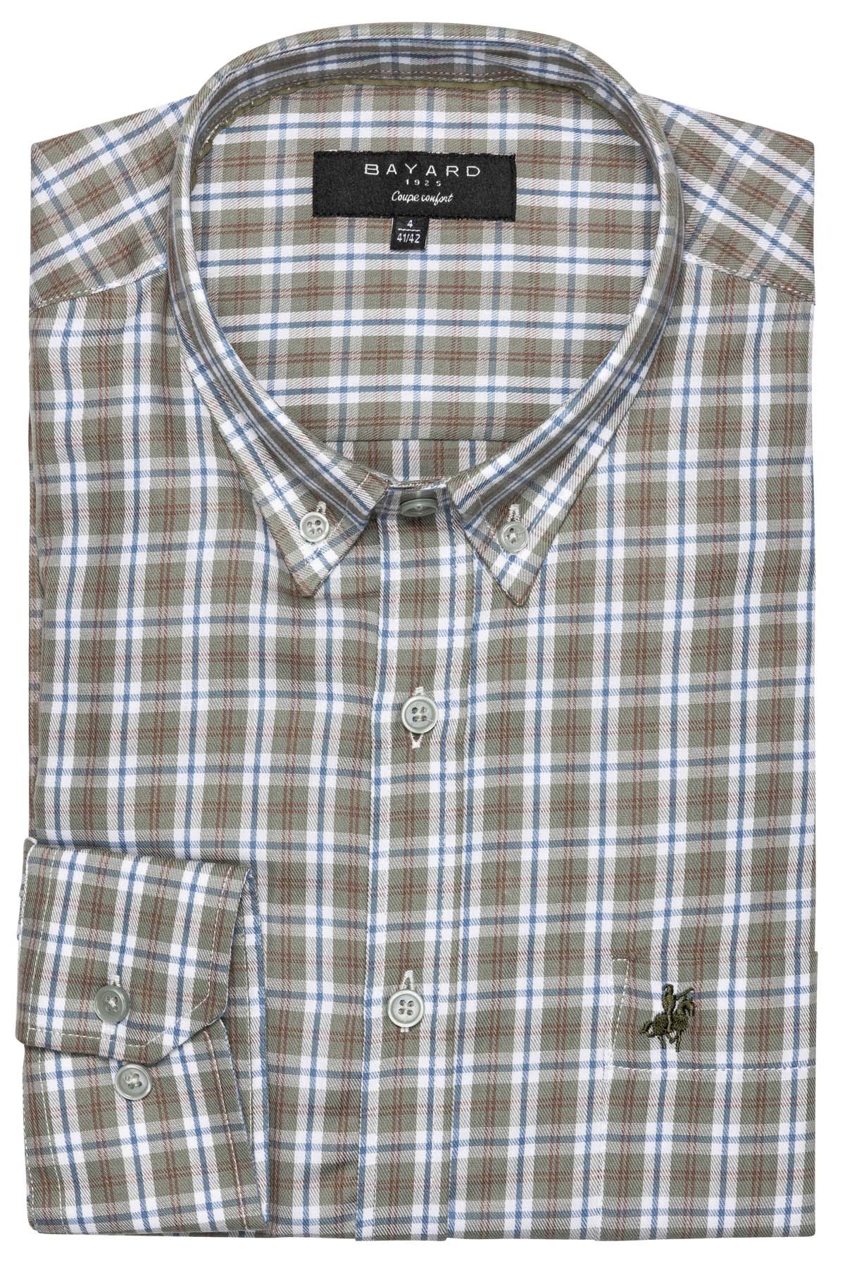chemise en coton à carreaux kaki et bleus