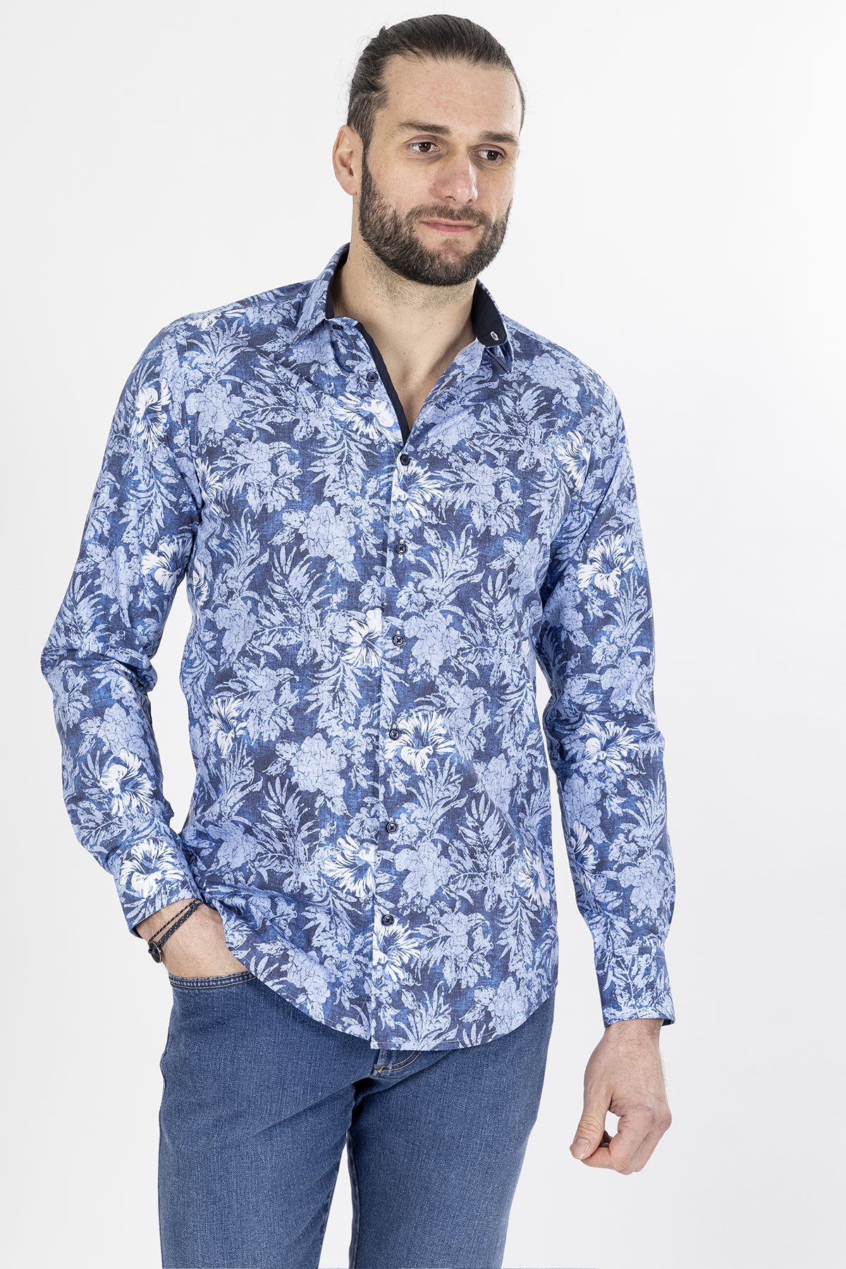 chemise en coton mélangé bleu à motifs